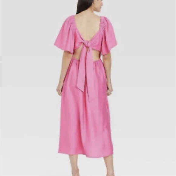 A New Day Bright Pink Midi Puff Flutter Short-Sleeve Tie-Back Ruffle Dress Sz S - Picture 4 of 16